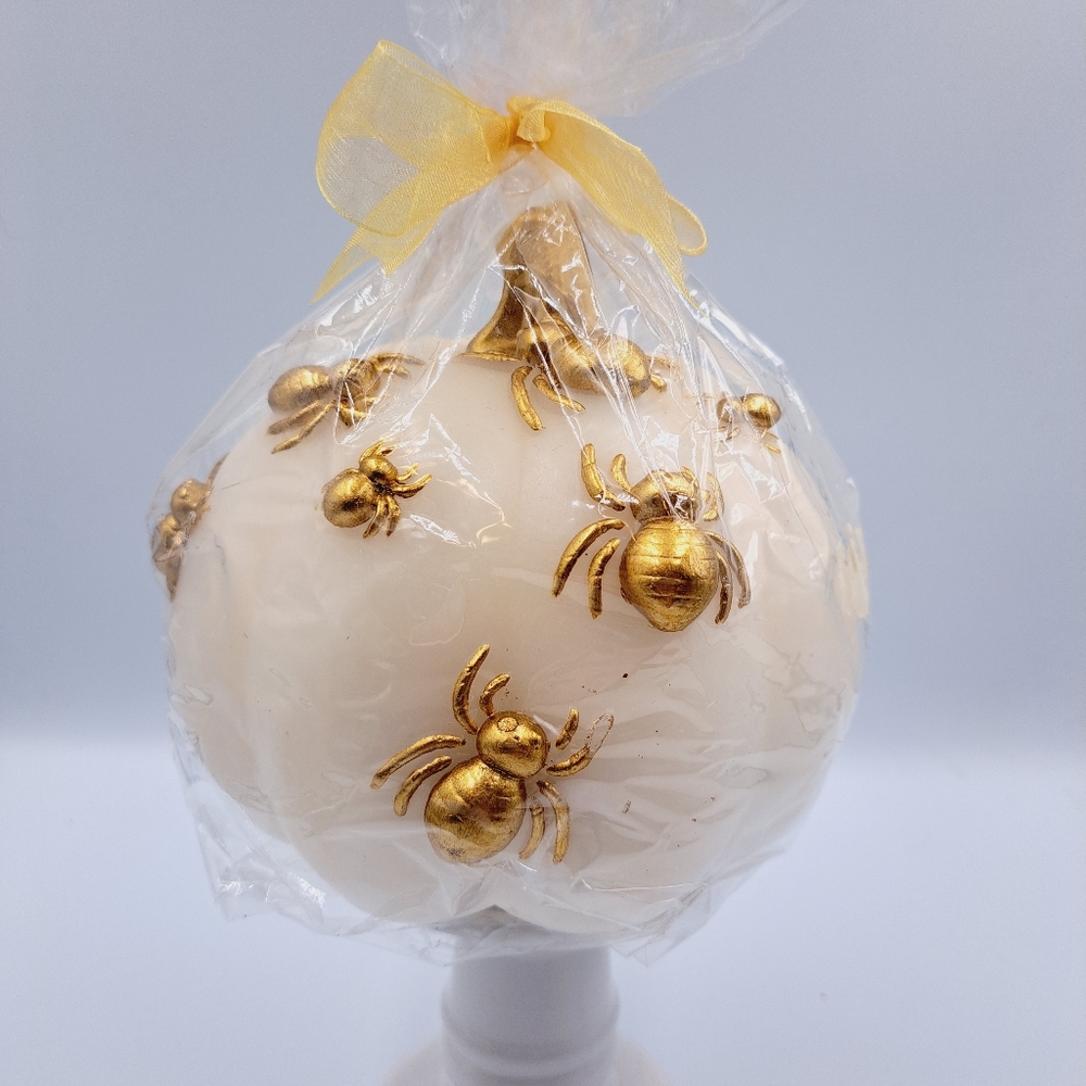 Apothecary Witchy Gothic Halloween White Pumpkin Candle with Raised Gold Spiders